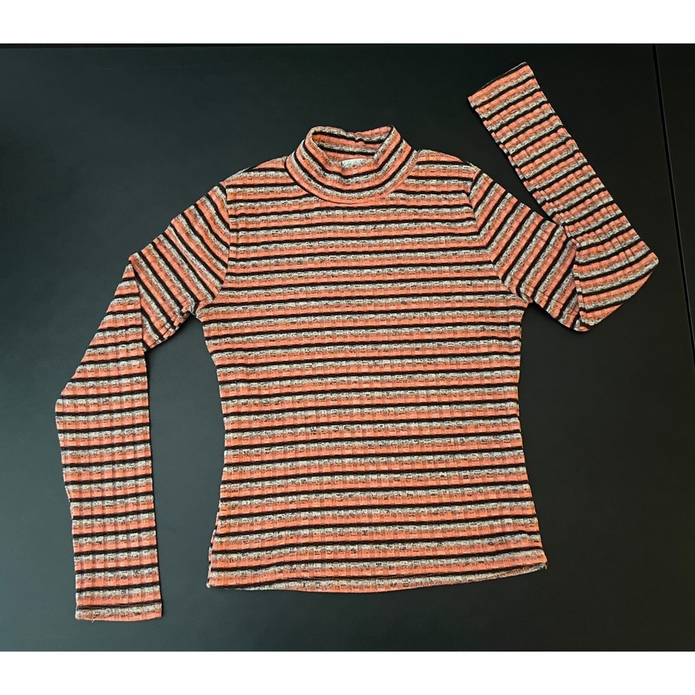 Heart & Hips Womens Orange Striped Ribbed Mock Neck Long Sleeve Top M (1161)